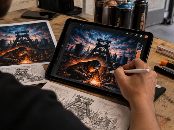 Hand mit Stift zeichnet auf einem Tablet den farbigen Entwurf eines Förderturms mit Schweißer, daneben Bleistiftskizzen, ein Ausdruck und Sprühdosen